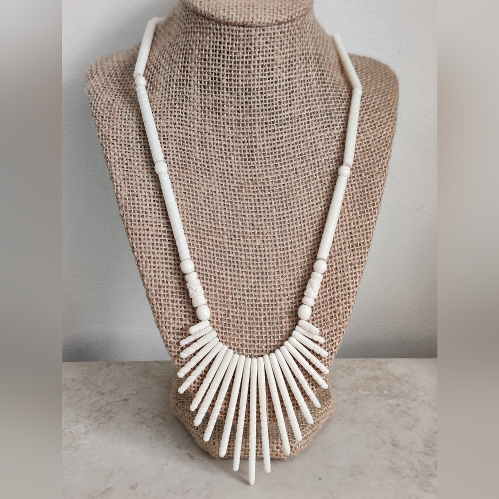 Vintage Art Deco Carved Bone Spike Fringe Cleopatra Necklace